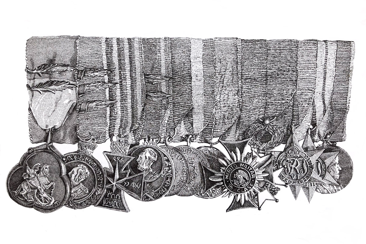 Black-and-white illustration of a dozen military medals lined up. 